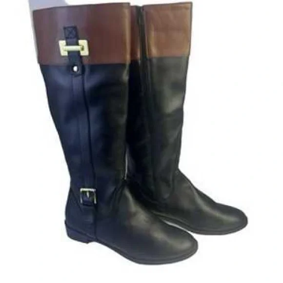 NWOT Black & Brown like riding boots Sz 5 M. Deeply discounted.Low Heel - Picture 2 of 10